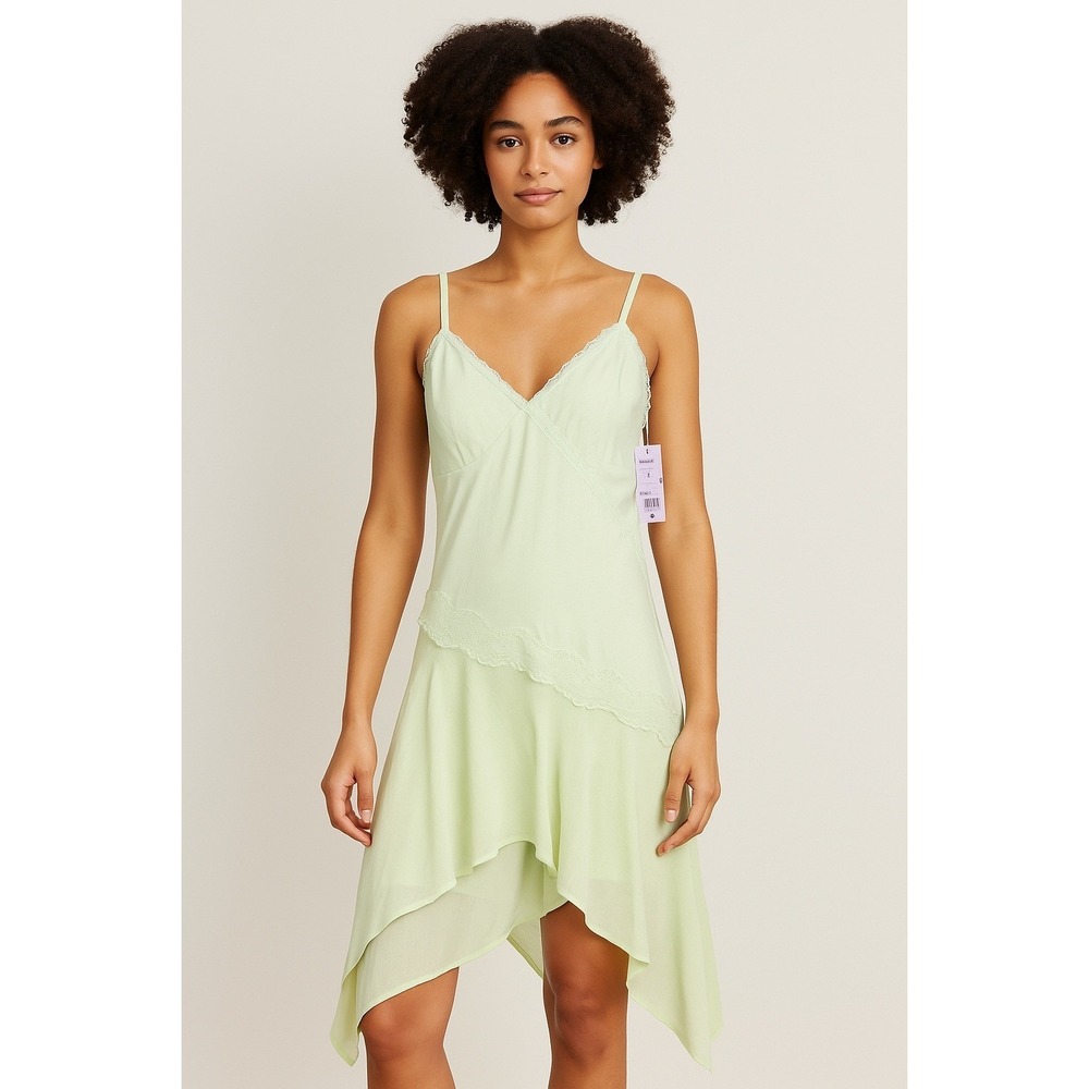Wild Fable Sage Green Lace Trim Mini Slip Dress Handkerchief Flowy Hem‎ Size L